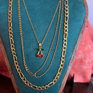 Gold Cherry Pendant Layered Necklace Set - Figaro, mixed chain and Cherry